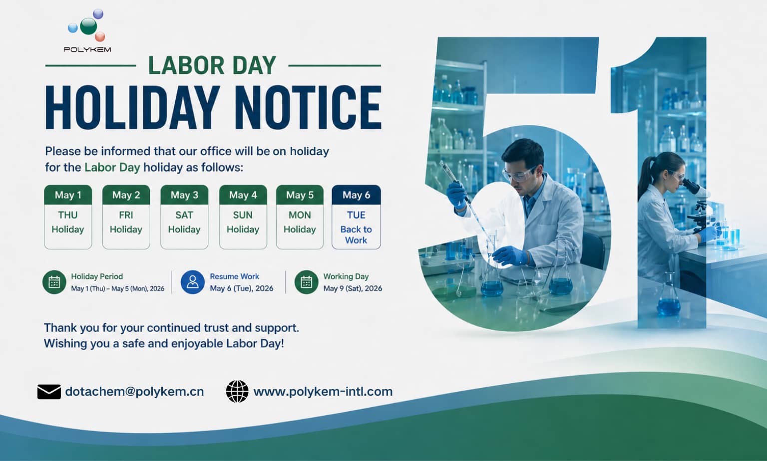 Recordatorio de planificación de pedidos y arreglos festivos del Día del Trabajo de Polykem